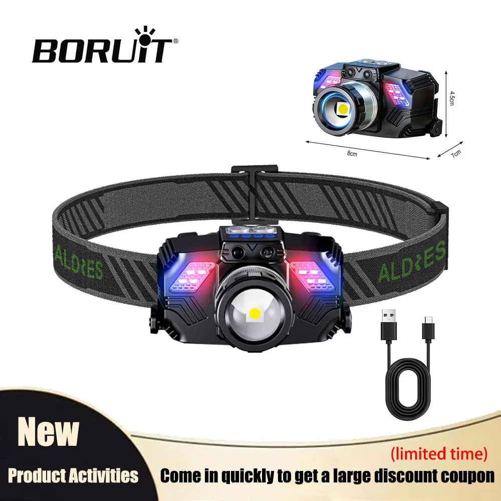 

BORUiT Zoomable LED Headlamp with Motion Sensor, Waterproof Rechargeable Head Torch with Power Indicator for Camping, Fishing