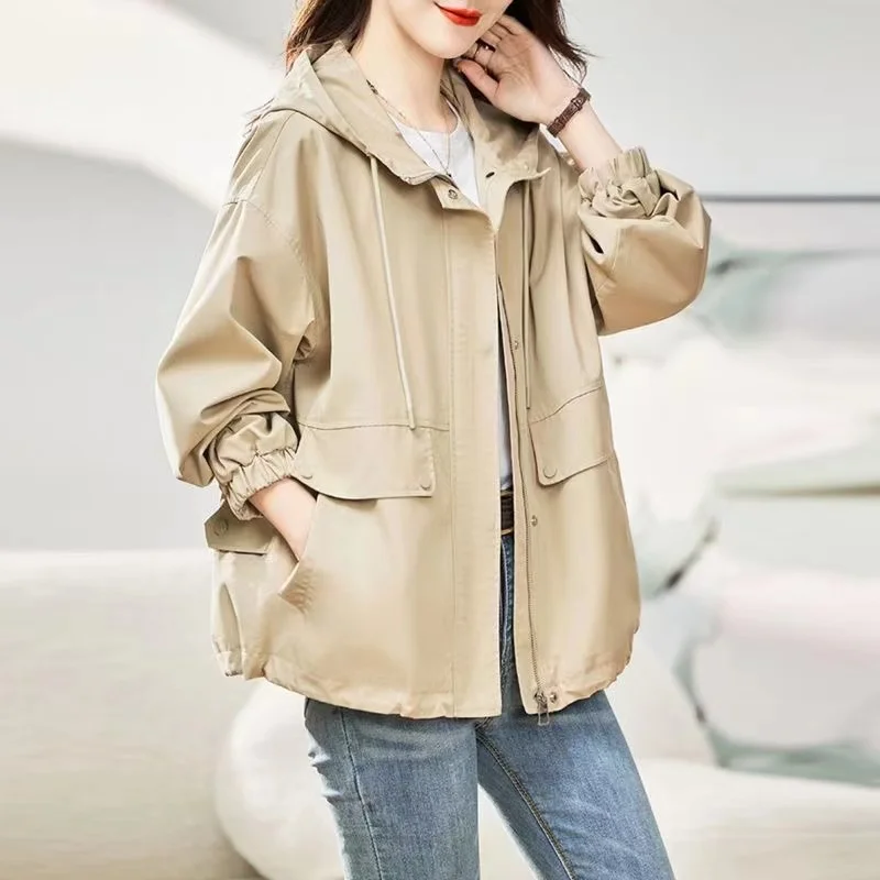 

Spring Autumn Hooded Women's Trench Coat New 2024 Korean Temperament Fashion Casual Female Windbreaker Outerwear Overcoat