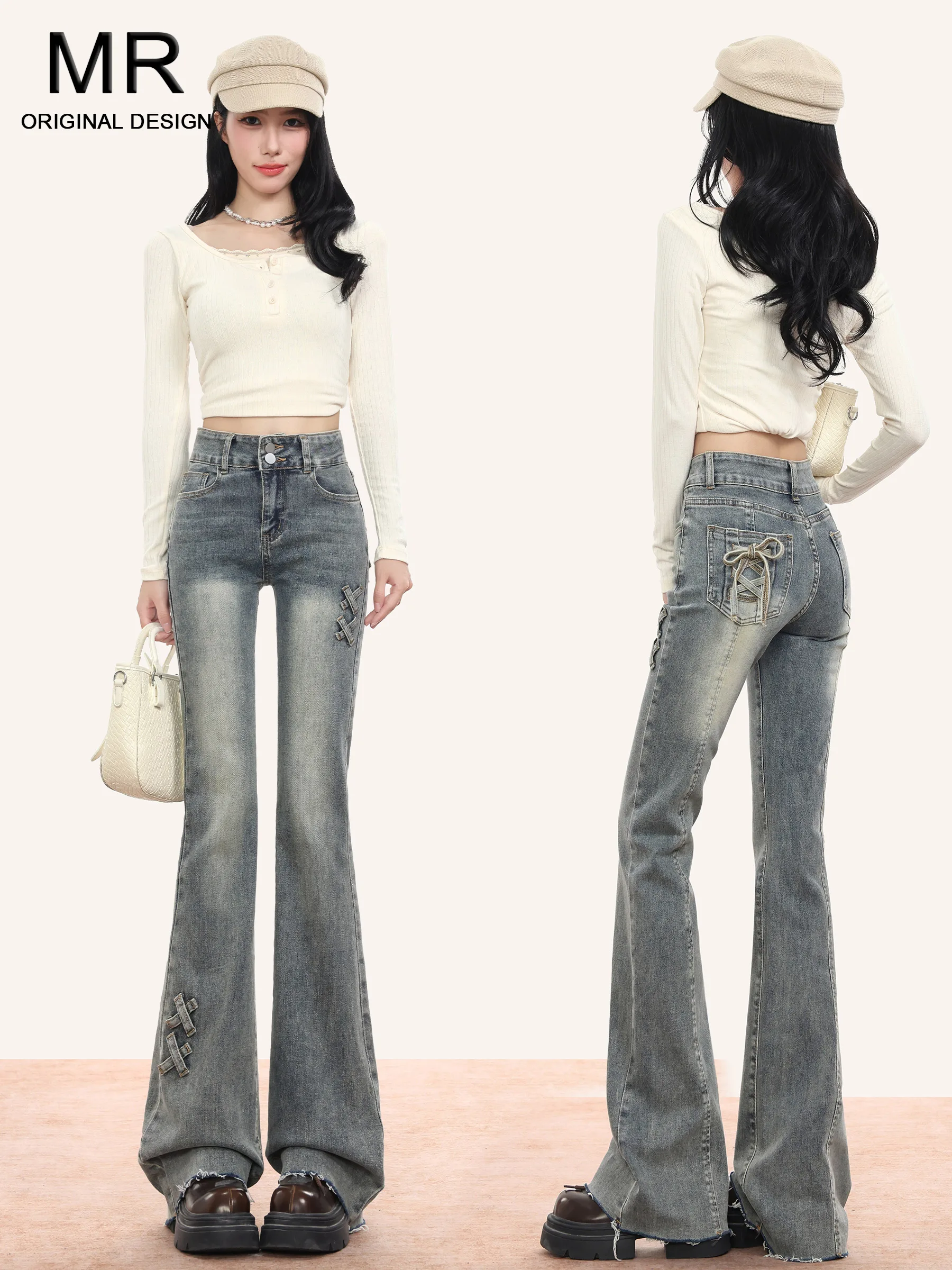 

Retro Bow Tie Flared Denim Jeans Women's High Waist Design Slimming Elastic Hoof Pants Autumn Summer New Style American...