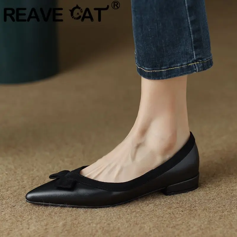 REAVE CAT Brand Women Flats 32 33 Pointed Toe Slip On Bowknot Mixed Color 41 42 43 Soft Elegant Female Shoes Spring