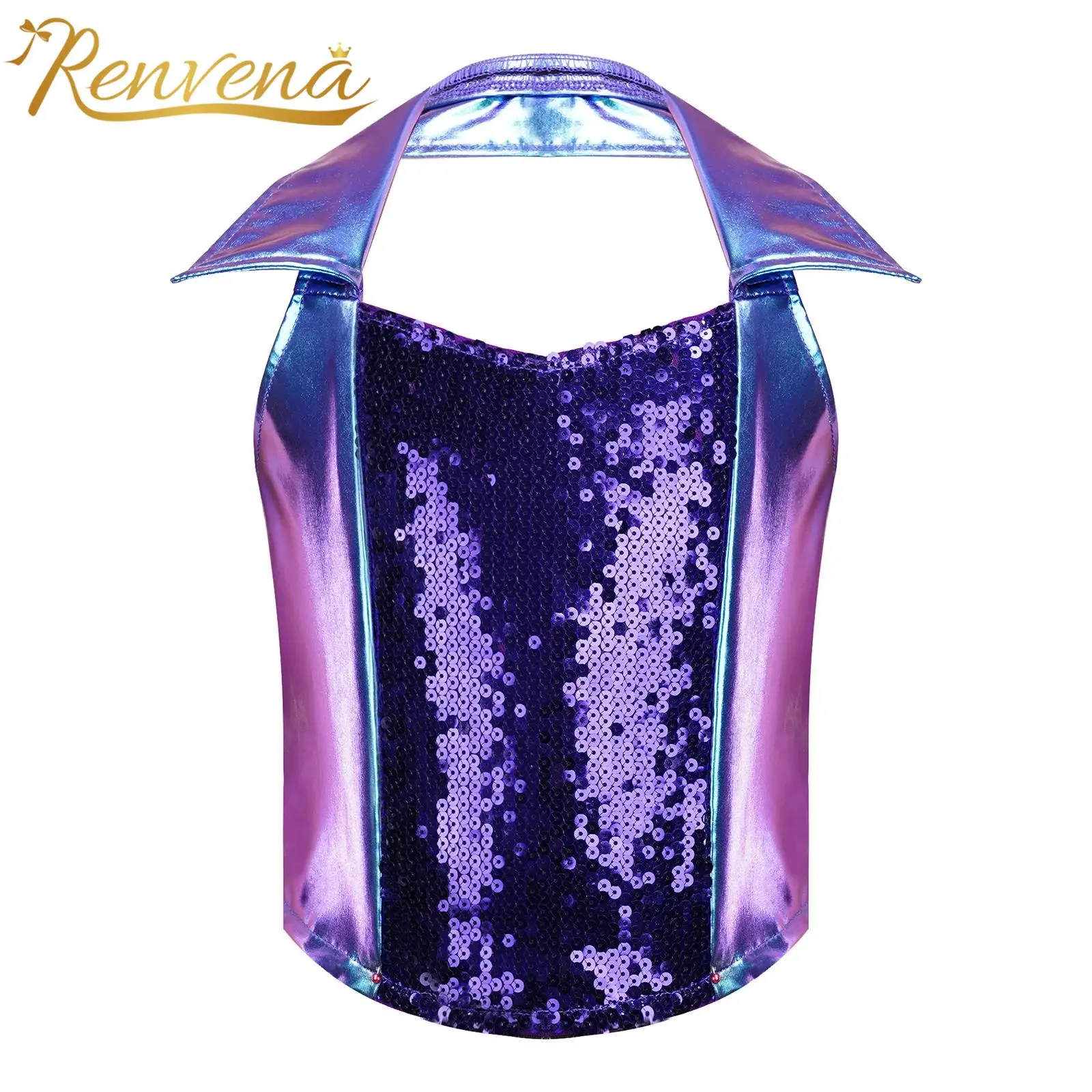 Kids Metallic Shiny Tank Top Girls Crop Vest Jazz Dance Disco Costume Halter Glitter Sequins Sleeveless Vests Children Clothing