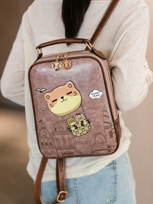 Women's Large Capaci Casual Travel Soft Leather Bapa Bear Cartoon Design Double oulder Bag Nylon  Zipper Closure