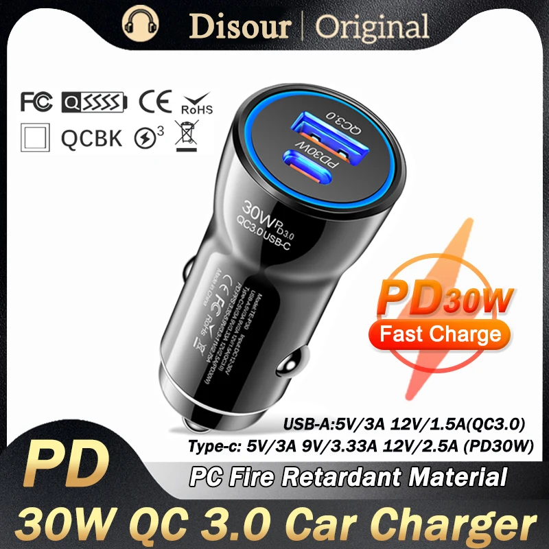 

30W PD Car Charger QC3.0 USB Type C Fast Charging Car Phone Adapter for iPhone 14 13 Xiaomi Huawei Samsung S21 S22 Quick Charge