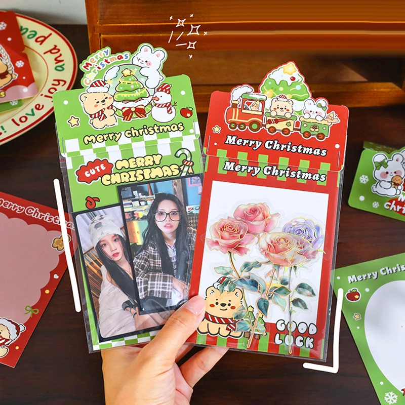 10Pcs Christmas Greeting Card Photo Folding Card DIY Packing Material Card Message Fixed Board Photo Card Collection Sleeves