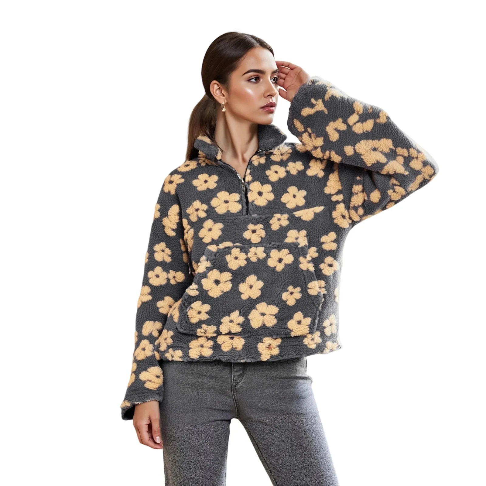 

Женская флисовая толстовка с длинным рукавом, на молнии до середины, теплая, с цветочным принтом, из шерпы, с карманом