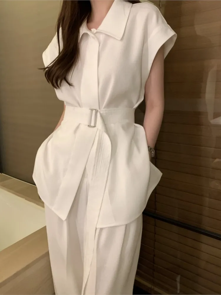 Summer 2 Two Piece Set Women Korean Style Loose Pleated Ladies Sleeveless Shirts High Waist Fashion Wide Leg Woman Long Pants