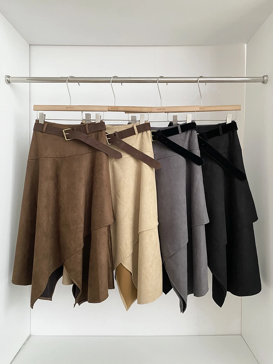 

Elegant Asymmetric High Waist Suede Midi Skirt for Women Stylish Korean Retro Style Slim Fit Autumn Winter New Arrival