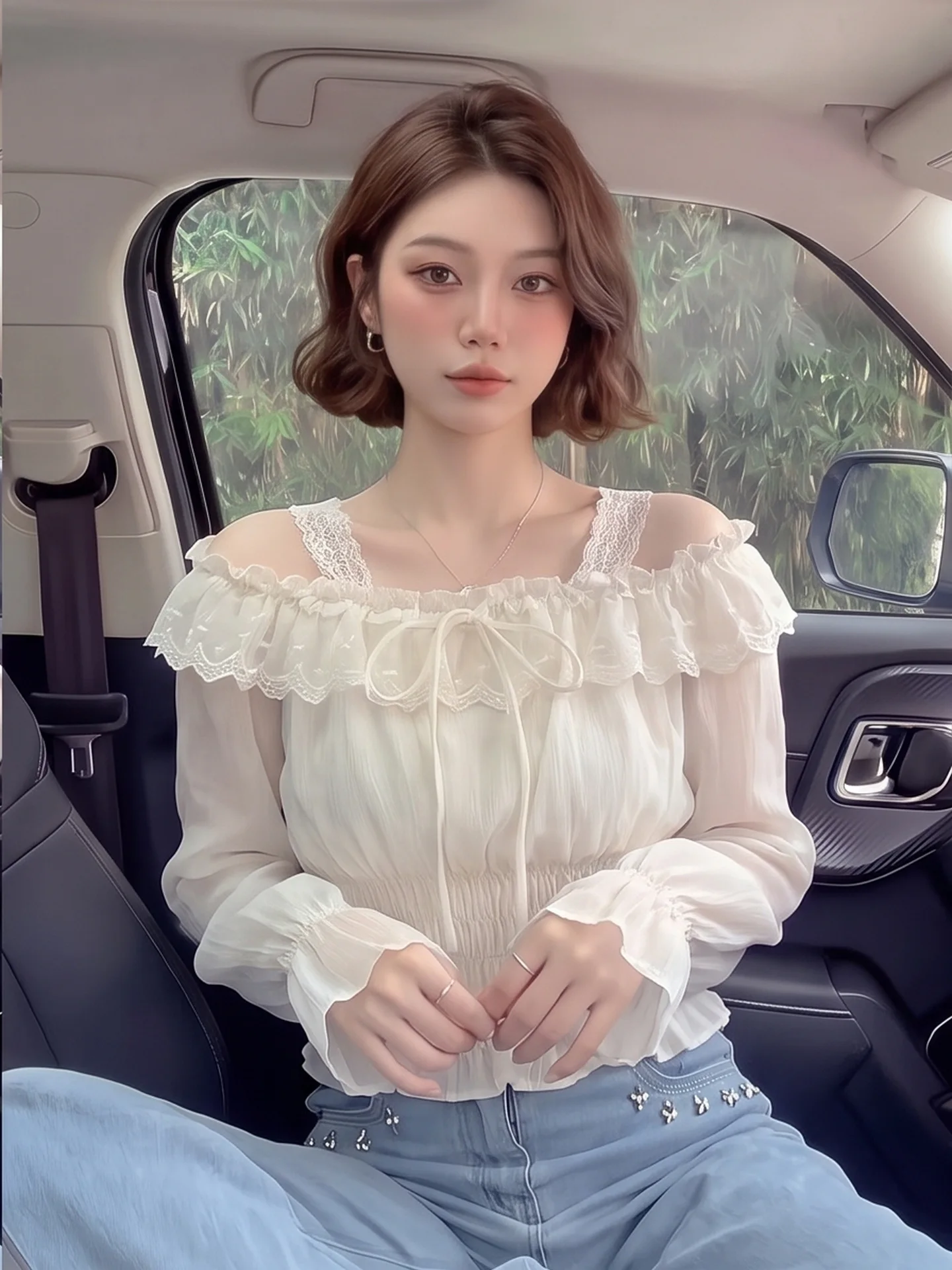 Stunning Lace Strap Short Sleeve Long Sleeve Women's Shirt Early Autumn New Waist Slimming Short Style Small Top French Style