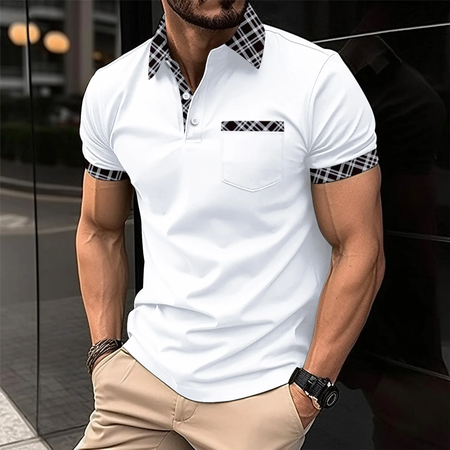 Summer new men\'s fashion slim and comfortable POLO shirt chest pocket lapel button business color match casual breathable T-shir