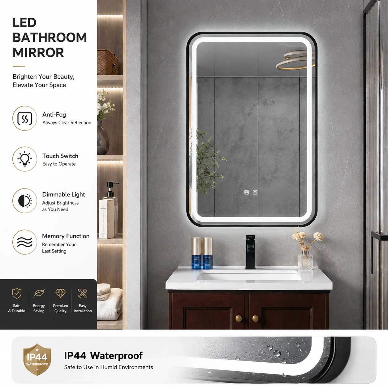 Smart LED Backlit Bathroom Mirror Anti-Fog Touch Sensor Wall Mounted Dimmable 3 Color Waterproof Hollywood Vanity Makeup Mirror
