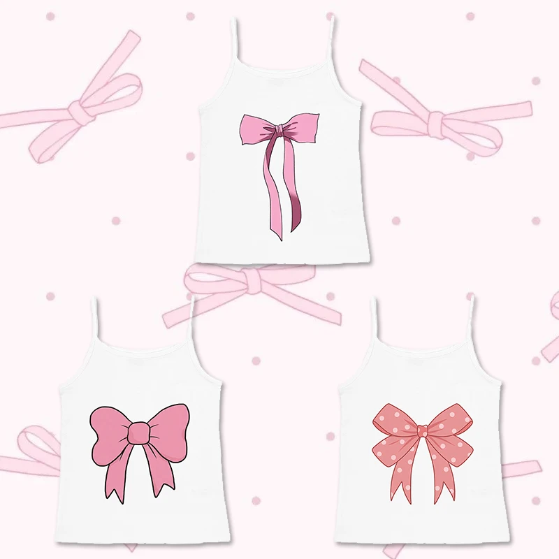 

Из трехсекционный жилет на подтяжках с милым принтом, тонкий жилет с бантом для девочек, футболка без рукавов с круглым вырезом, жилет, белый корейский топ с пупком Y2k