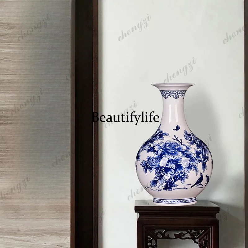 

Ornament pottery blue and white peony vase flower arrangement living room bogu frame decoration