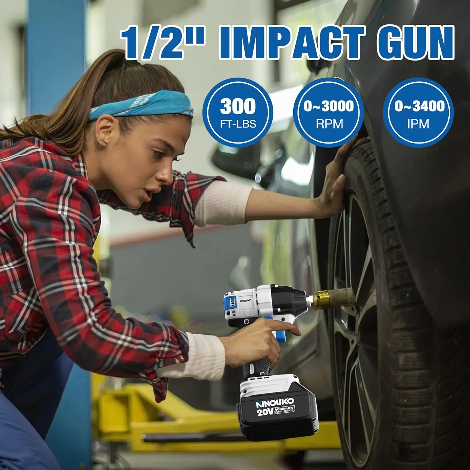 Cordless Impact Wrench 1/2 inch, 295Ft-lbs(400N.m) Brushless, 3000RPM High Torque Impact Gun with 4.0Ah Battery,