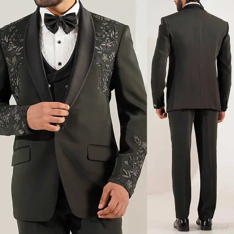 

Luxury Wedding Groom Tuxedo 2 Pieces Jacket Pants Shawl Lapel Beads Appliques For Men Banquet Prom Blazers Customized