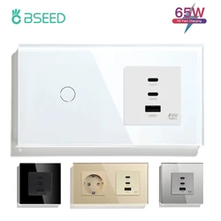 BSEED 65W Quick Charge USB Port Glass Panel Power Wall Socket Type C Power Delivery Charge USB Socket EU Light Touch Switches