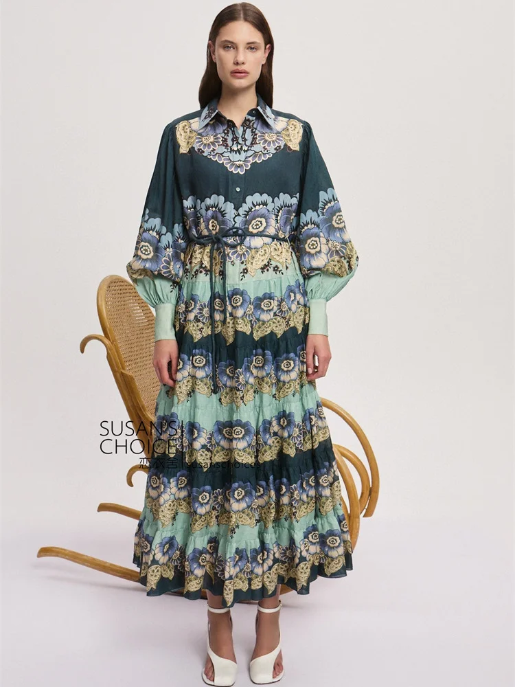 Susan Australian Retro Court Sle Lantern Sve een Flax Belted Maxi Dr Women's Long Sve A-Line Dr  Collar