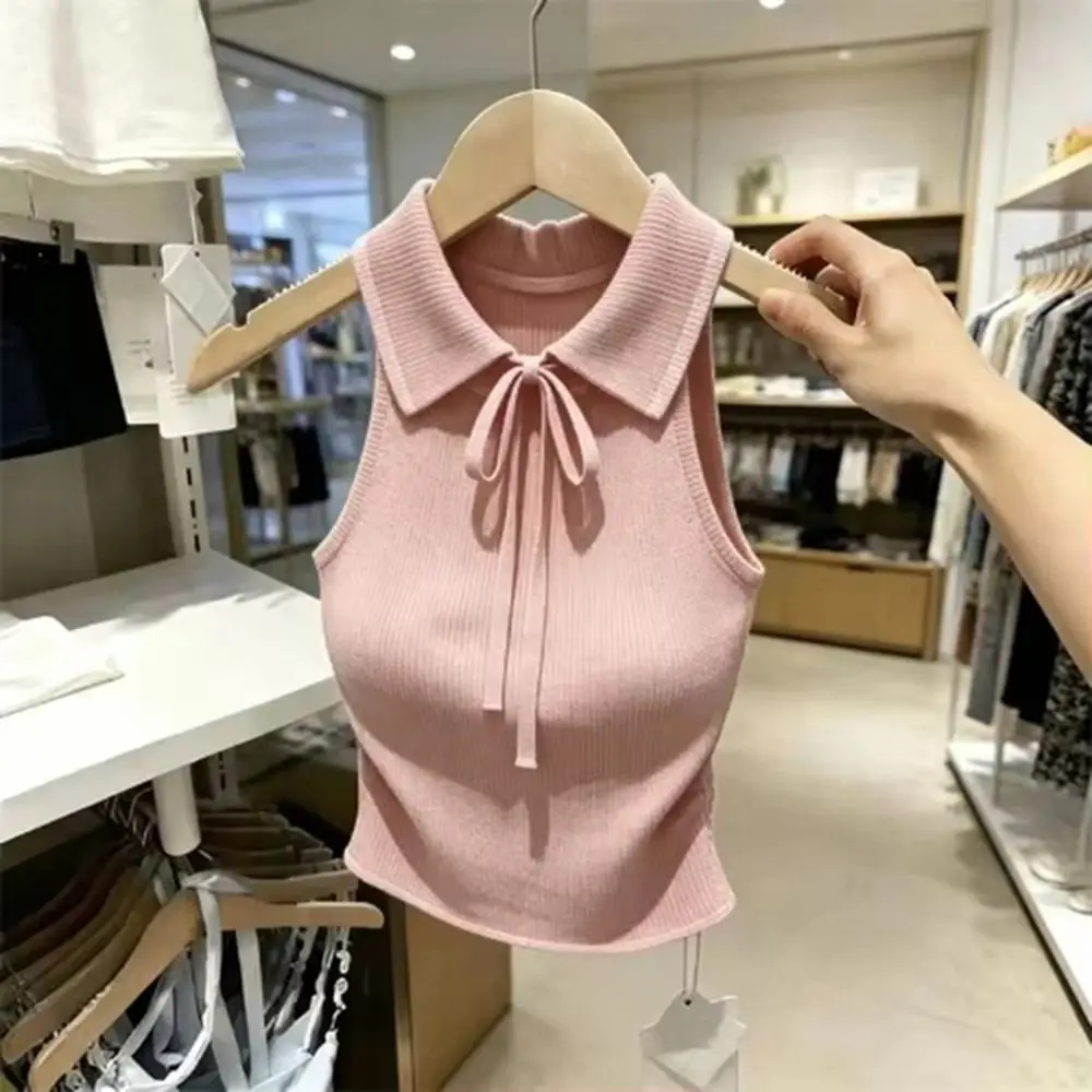 Trendy Knit Texture Knitted Vest Top Slimming Fit Halter Design Sleeveless Shirt Summer Weight Korean Style Cami Layered Look