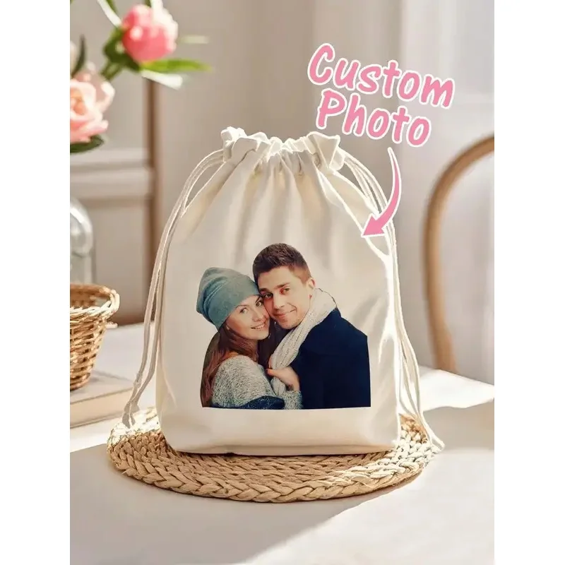 Custom Photo Canvas Storage Bag Personalized Couple Drawstring Pouch Custom Organizer Bag Two Sizes Available Gift for Family