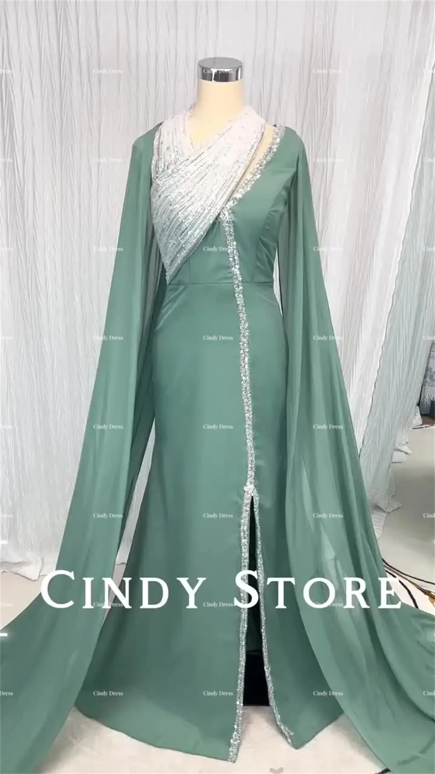 Green V-neck Beaded Shawl Long Tail Elegant Saudi Wedding Guest Dresses for Women Evening Dress Graduation Party Gala Customized