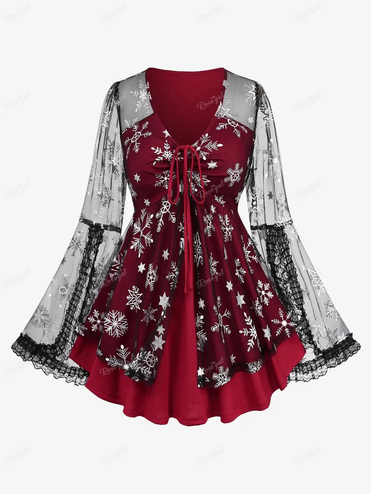 ROSEGAL Plus Size Cinched Christmas T-shirt Snowflake Print Tee Lace Trim Sheer Mesh Flare Sleeve Tops Women's Clothing 4XL