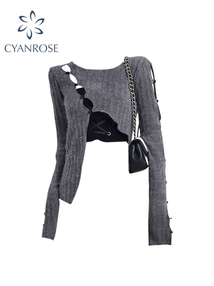 

Streetwear Sexy Hollow Out Irregular Knitted Top Long Sleeved Korean Style Split Pullover Thin Sweater Ladies New Autumn Fashion