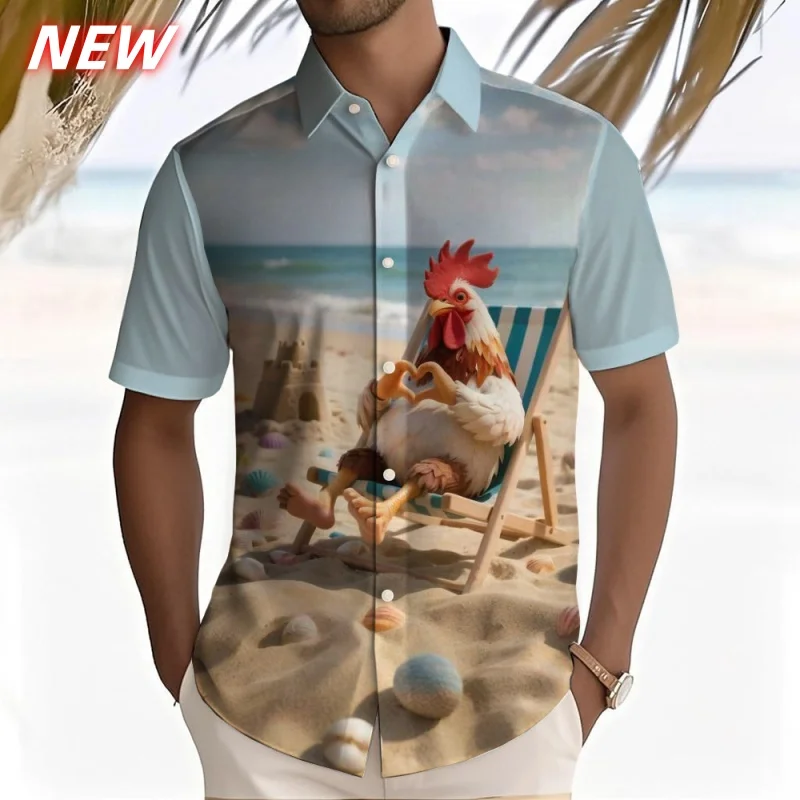 

Rabbit Dolphin Pattern Hawaiian Shirt Men Chicken 3D Printed Short Sleeve Blouse Casual Vacation Beach Button Loose Aloha Shirts