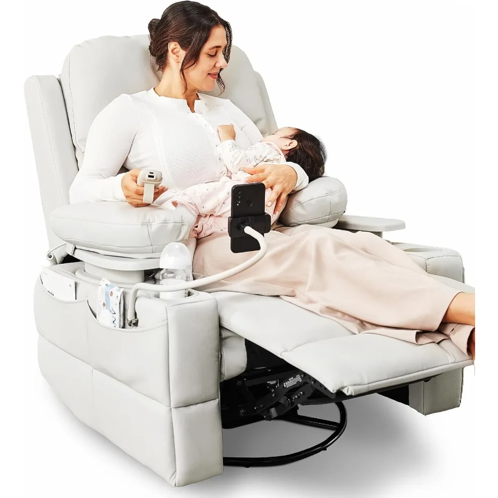 Rocking Chair Nursery with Adjustable Armrests, Electric Glider Recliner Nursing Chair for Breastfeeding, Power Swivel Recliner