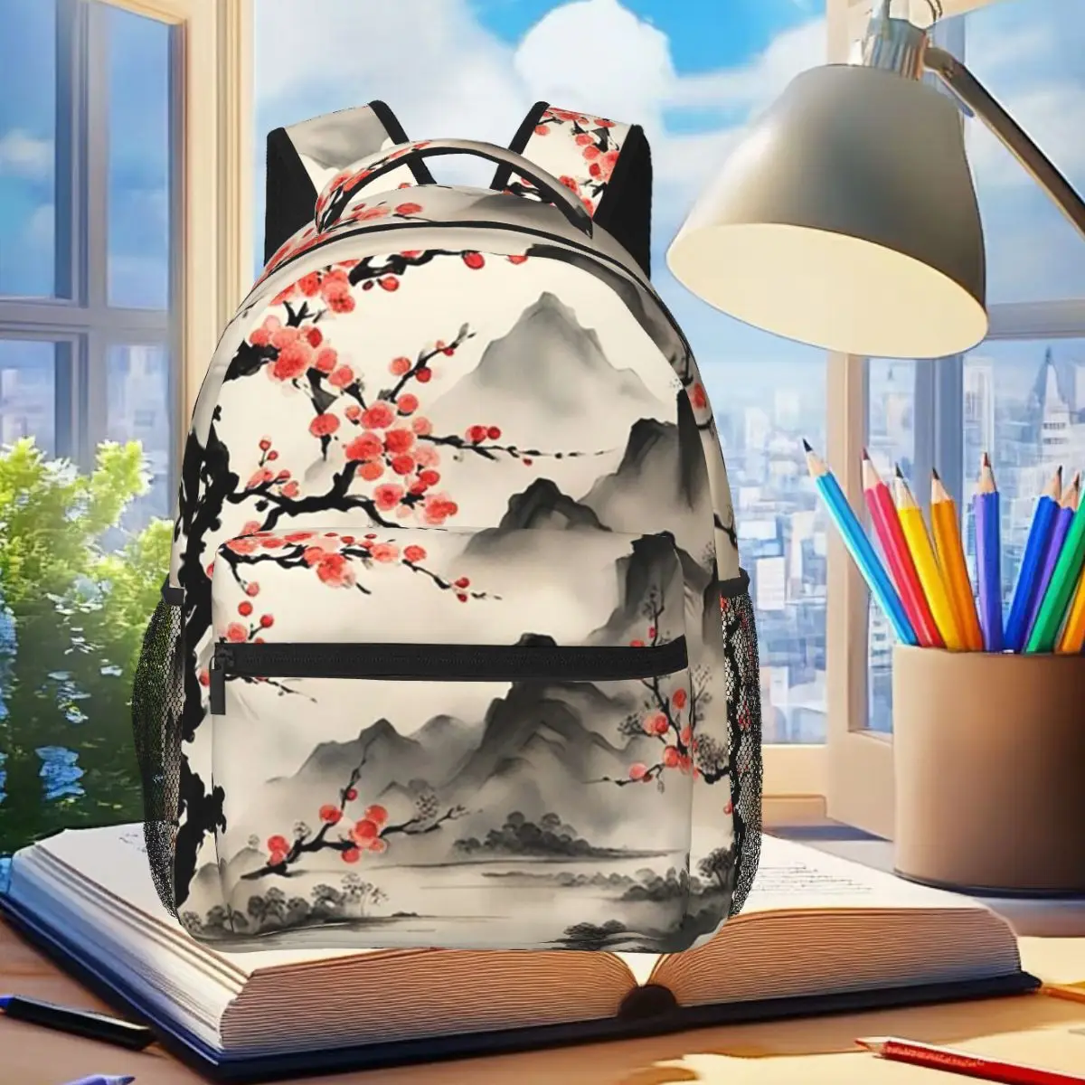 

Mountain Ink Painting And Plum Blossom Backpack Student Boys Girls BookBag Kids School Bag Computer Shoulder Bags for Men Women