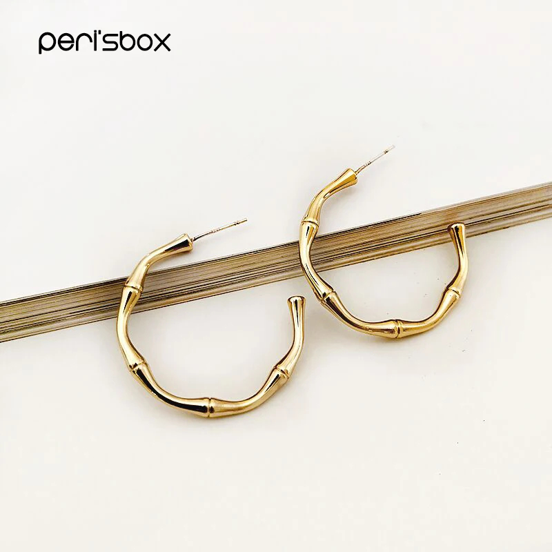 Peri\'sBox C Shape Geometric Bamboo Earrings Textured Medium Hoop Earrings for Women Minimalist Brass Gold Color Earrings Fashion