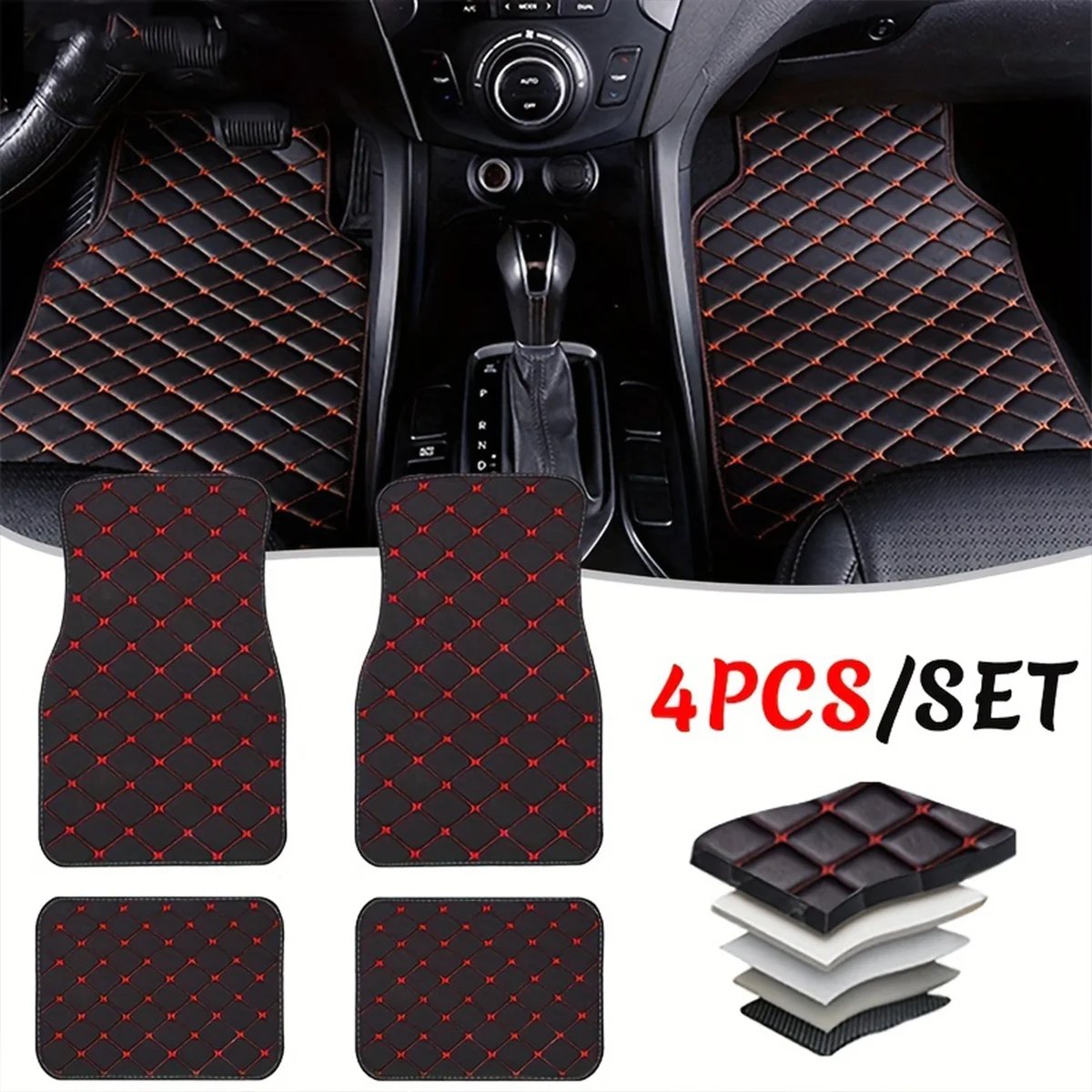 4Pcs PU Leather Car Floor Mats Full Set Diamond Quilted Universal Carpet Protectors Fit Most Cars SUVs Floor Mats