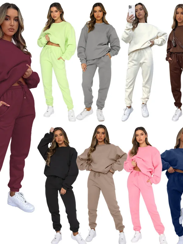 

Женский комплект из двух предметов: топ с длинными рукавами и круглым вырезом на цветной флисовой подкладке и брюки, повседневная спортивная одежда, длинные брюки