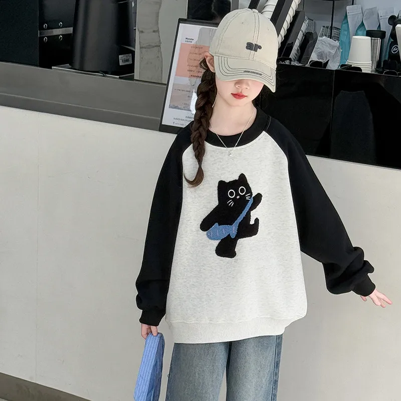 Girls Sweatshirt Autumn Cute Black Cat Raglan Sleeve Casual Kids Tops