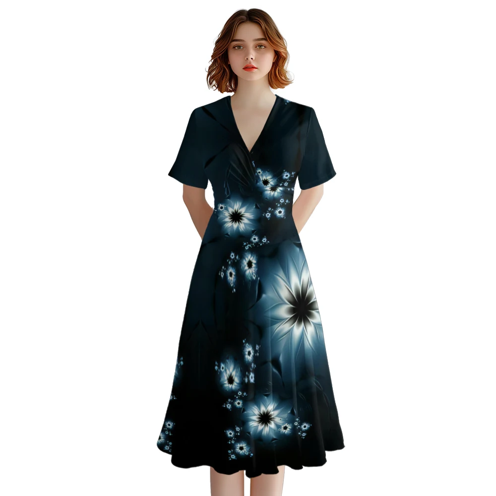 Summer Dress Women V Neck A-Line Dresses Fashion Flower Dress Stylish Party Evening Dresses Elegant Robe Trendy Girl Vestido