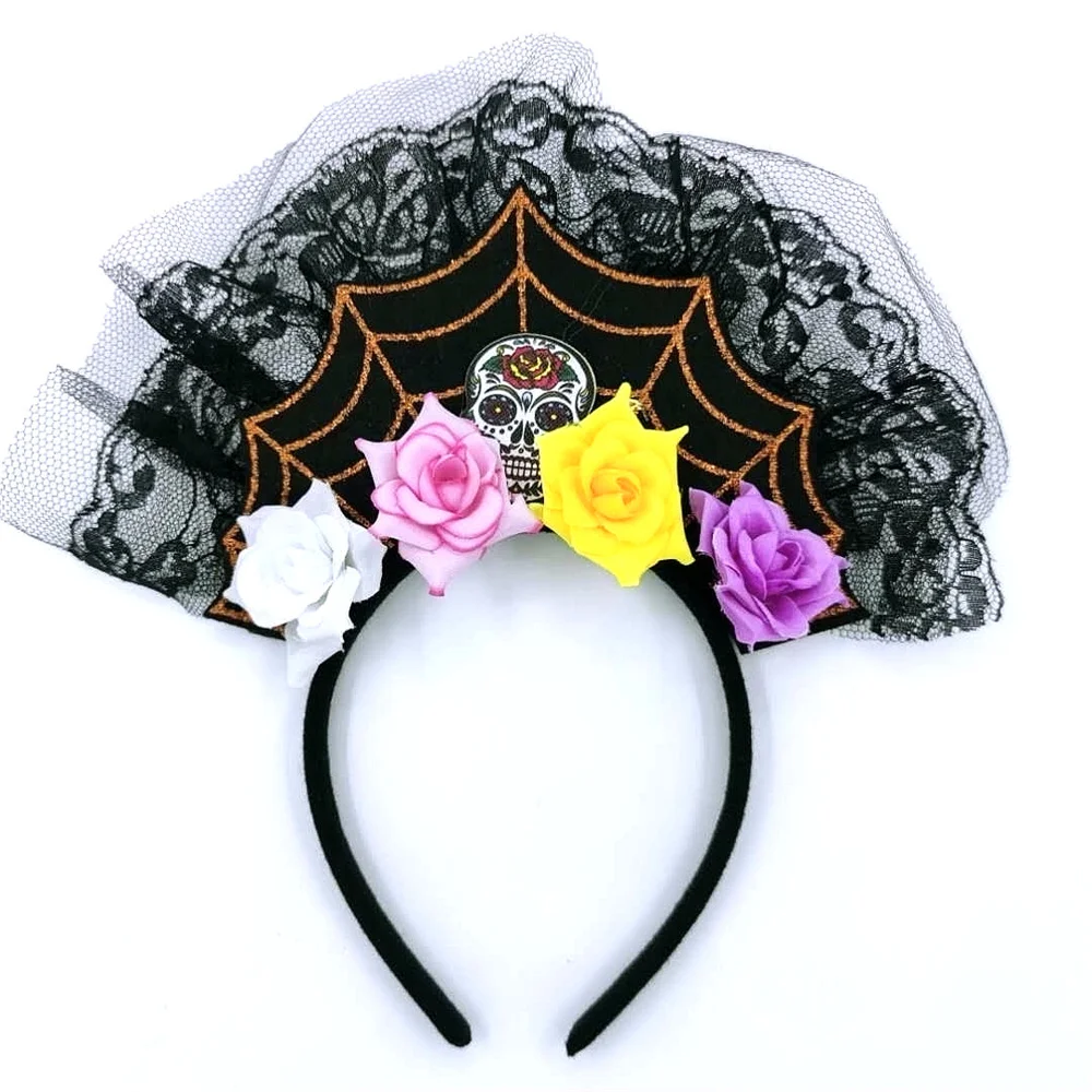 Halloween Devil Hair Band Skull Mesh Rose Spider Ghost Headband Day of The Dead Headwear Hair Accessories Party Decoration