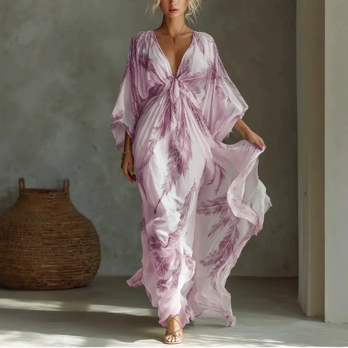 2026 Summer V Neck Print Maxi Dress Flowy Lantern Sleeve Boho Dresses Vacation Spring Summer
