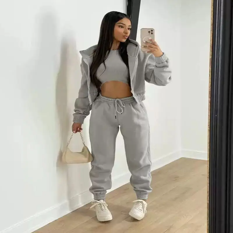 Women's Velvet Hooded Three Piece Suit Trousers Spring 2026 Ladies Premium Fashion Tracksuit Pants Other Material 100%