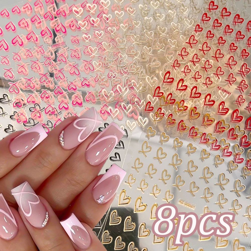 8 unids/set de calcomanías de uñas de corazón Irregular francés 3D rojo rosa oro amor-corazón pegatinas de uñas autoadhesivas para el Día de San Valentín manicura DIY