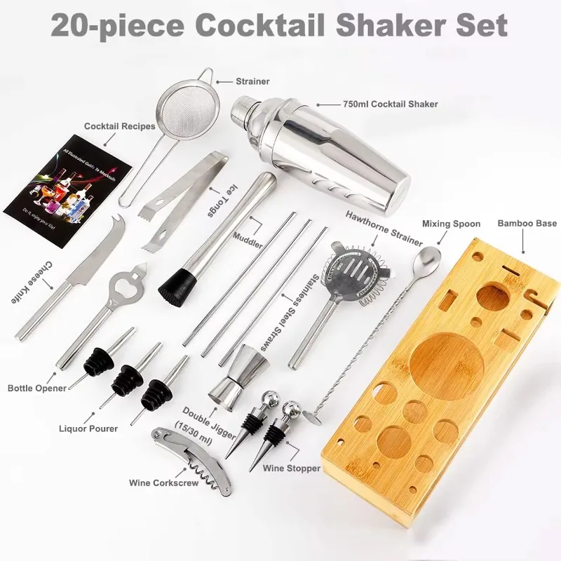 20Pcs All In One Stainless Steel Cocktail Shaker Bar Kit Complete Mixology Tools With Natural Bamboo Display Stand For Restauran