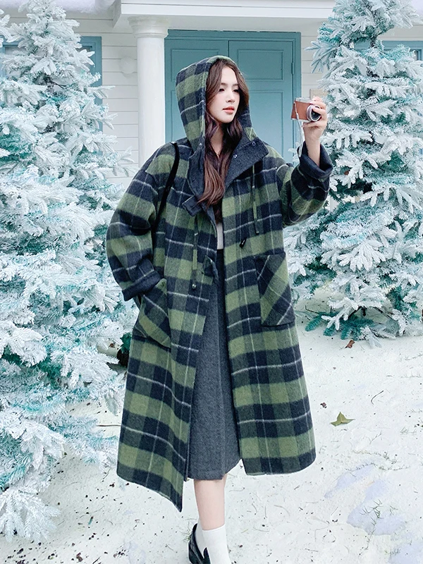 เสื้อโค้ทขนสัตว์ลายสก็อตสำหรับผู้หญิง ความยาวปานกลาง ผ้าขนสัตว์สองด้าน สำหรับฤดูใบไม้ร่วงและฤดูหนาว สไตล์เกาหลี รุ่นใหม่ เหมาะสำหรับใส่ไปทำงาน