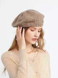 Women Knit Beret Heavy 100% Pure Cashmere Hade Made Crochet Thick Yarn Cap Casual Hat Soft Comfy Beanies Real Pushmina Bonnet