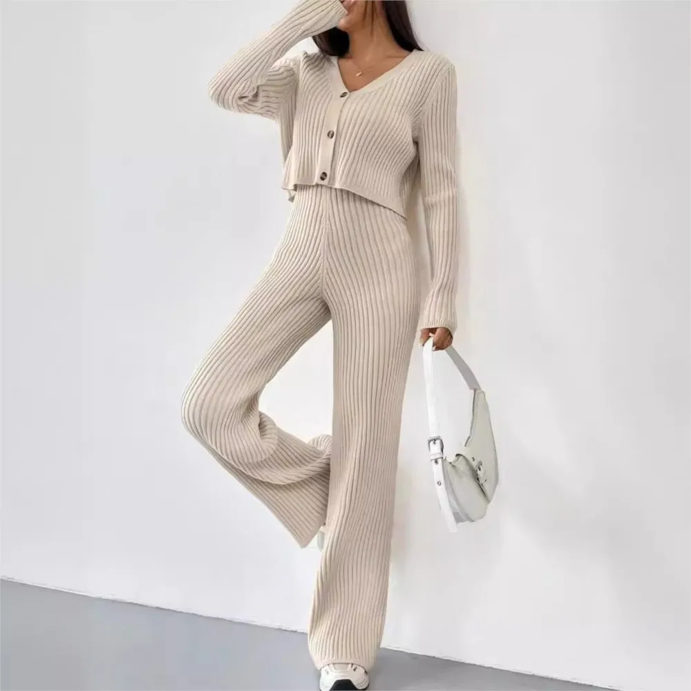 Autumn Solid Color Knitted 2piece Set Women V Neck Short Knitted Cardigan Fashion Flared Long Pants Versatile Casual Ladies Suit
