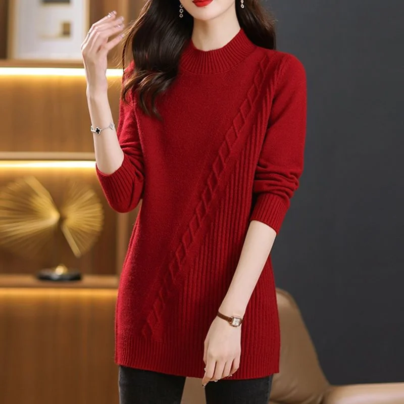 2025 Autumn Winter Women\'s Clothing Sweater Pullover New Solid Loose Mid Long Knitted Sweater Bottoming Shirt Female Casual Tops