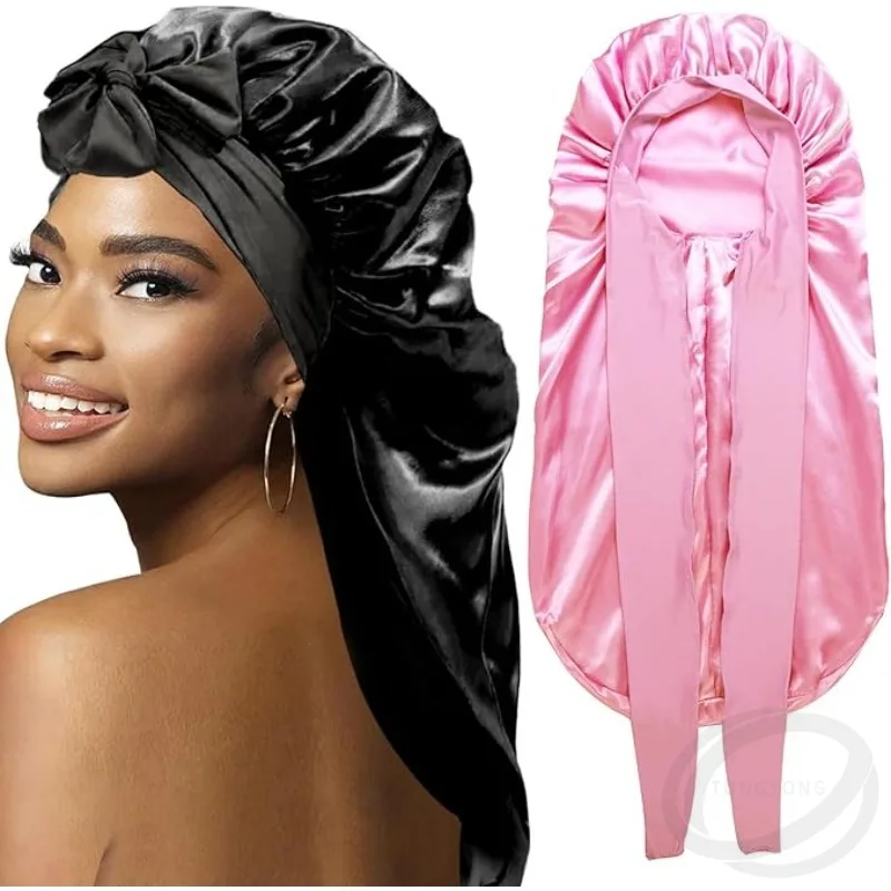 Дышащая шапочка для сна, тюрбан, головной убор для сна, банданы, женские длинные эластичные атласные шапочки большого размера с лентой
