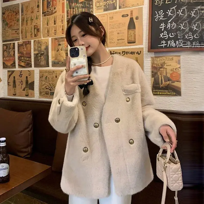 2024 Winter New Fur Coat Integrated Women's Fur Coat Composite Blend Wool Coat Lady Outwear V-Neck Imitate Mink Coat Fashion JA8