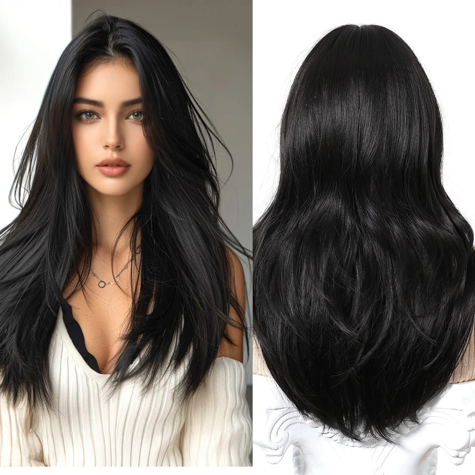 

Черные волосы, длинные прямые многослойные парики для женщин, синтетические парики из натуральных волос, повседневный косплей, термостойкие