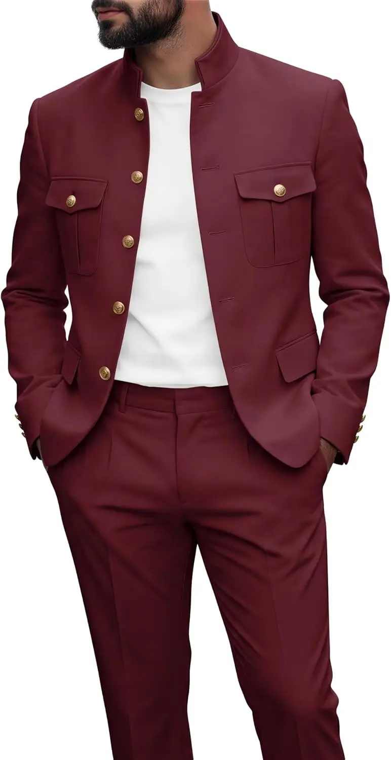 

Mens Safari Suit 2 Piece Slim Fit Stand Collar Chinese Men Suit Gold Button Wedding Blazer Jacket Pant