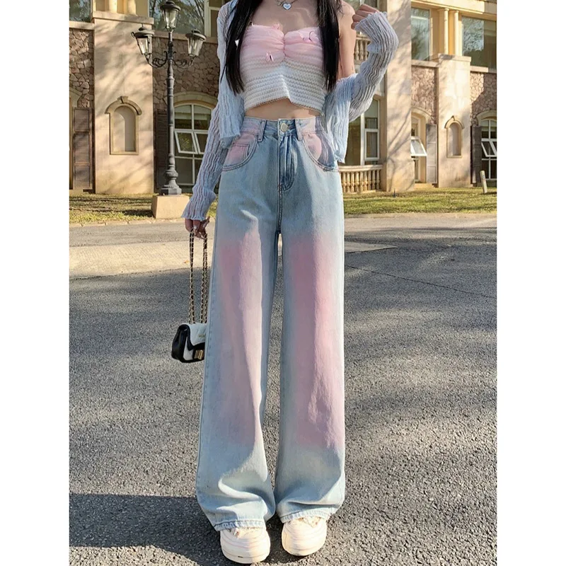 Women's Retro High Waist Straight Pants, Blue Color, Blush, Loose, Wide Leg Trousers, Blue, Y2K