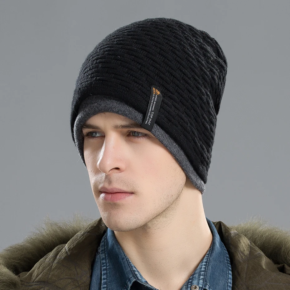 Men's Thick Lined Knit Beanie Winter Warm Hat Design Navy Soft Brim Wind Protection Hair Everyday Use