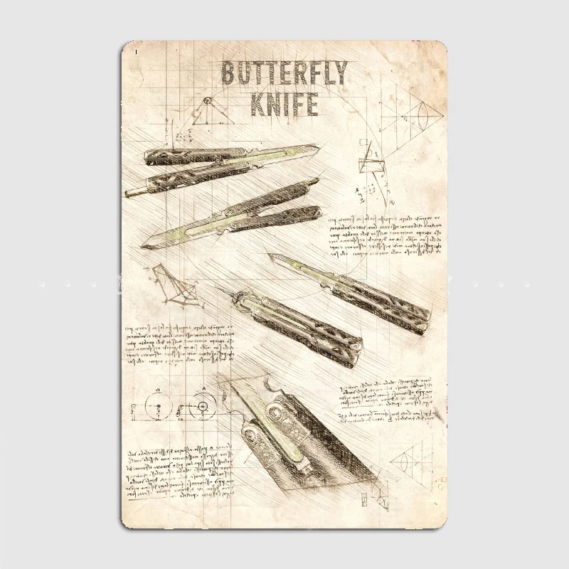 

Heirloom Butterfly Knife Sketch Metal Tin Sign Truck Indoor and Outdoor Home Bar Coffee Kitchen Wall Decoration