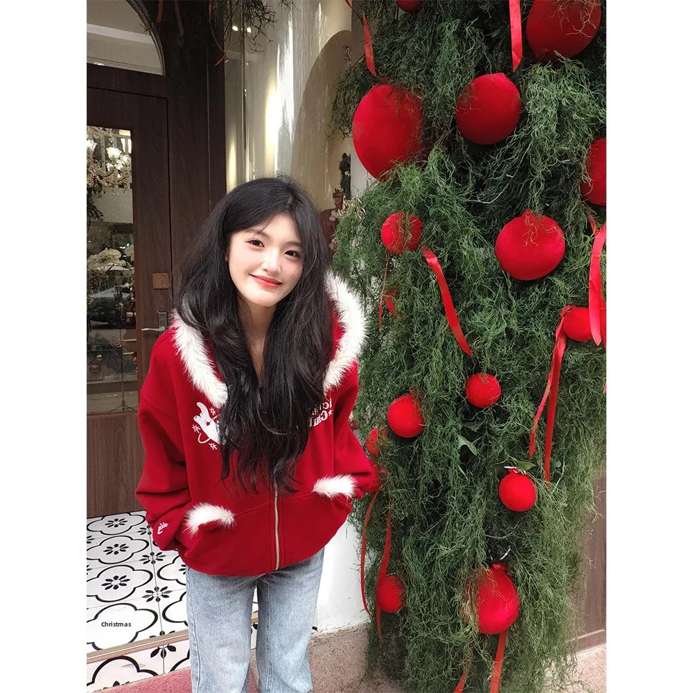 Cisas Aosphere Lazy Sle Printed Sweatirt Women's Slimming Warm Loose Long Hoodie Korean Version Couples Wear